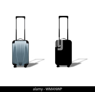 Silver plastic suitcase on wheels on white background. Stock Photo