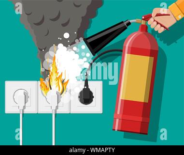 Electrical outlet with plug on fire and fire extinguisher in hand with foam. Overload of network. Short circuit. Electrical safety concept. Wall socket in flames with smoke. Flat vector illustration Stock Vector