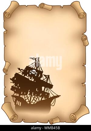 Scroll with pirate ship silhouette - color illustration Stock Photo - Alamy