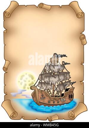Old scroll with mysterious pirate ship - color illustration Stock Photo ...