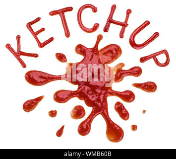 Ketchup or tomato sauce puddle with a word ketchup on white background. Stock Photo