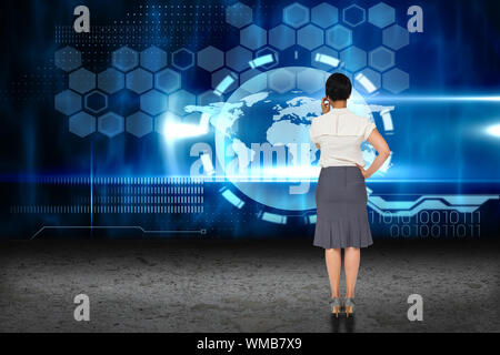 Thoughtful businesswoman against earth interface on abstract screen Stock Photo