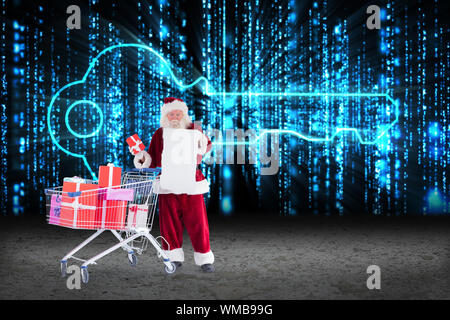 Santa delivering gifts from cart against blue glowing key graphic Stock Photo