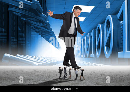 Business people supporting boss against binary code in server room Stock Photo