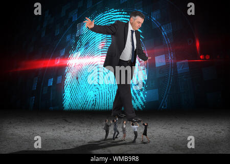 Business people supporting boss against fingerprint security interface Stock Photo