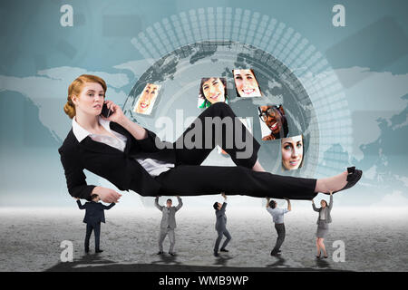 Business people supporting boss against global business partners graphic Stock Photo