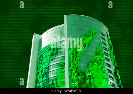 Building made of electronic microcircuits, glass and concrete, e-commerce collage, digital clouds background Stock Photo