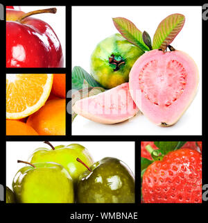 Collage with apples oranges quavas and strawberry Stock Photo