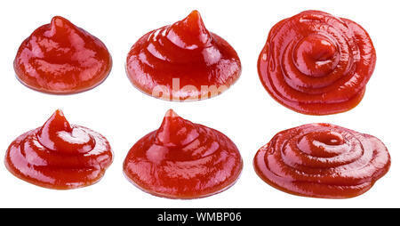 Set of tomato sauce or ketchup puddles isolated on white background. File contains clipping path for each item. Stock Photo