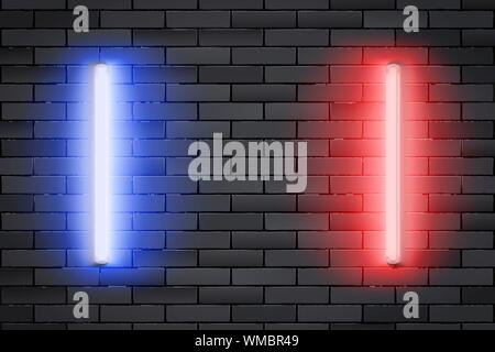 Blue and Red Neon lamps on Black brick wall Stock Vector
