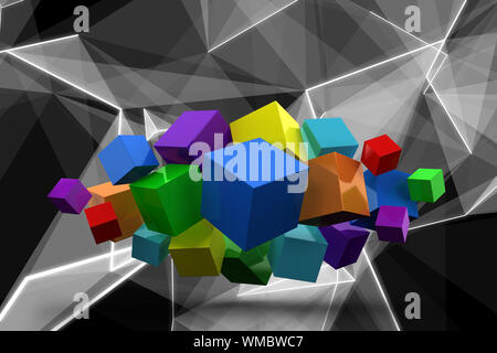 3d colourful cubes floating in a cluster against abstract glowing black background Stock Photo