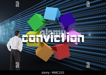 Mature businessman looking and considering against abstract shiny lines on black background Stock Photo