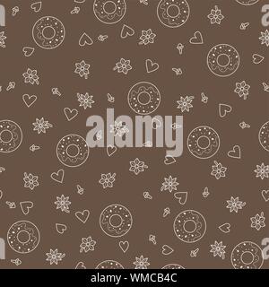 Doodle donuts. Seamless pattern background. Baking vector illustration. Vanilla and cloves. Stock Vector
