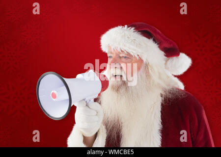 Santa Claus is using a megaphone against red paint splatter background ...