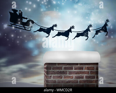 Composite image of santa flying his sleigh against snowy landscape with fir trees Stock Photo