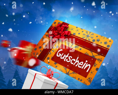 Composite image of flying gift card and presents against snow falling on fir tree forest Stock Photo