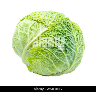 head of green savoy cabbage cut out on white background Stock Photo