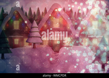 Row of snow covered houses against light design shimmering on red Stock Photo