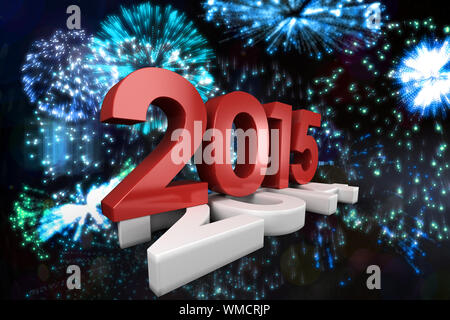 2015 squashing 2014 against colourful fireworks exploding on black background Stock Photo