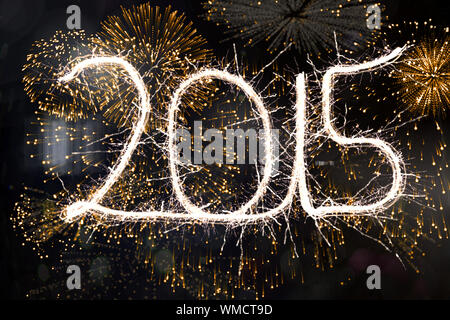 Sparky 2015 against colourful fireworks exploding on black background Stock Photo