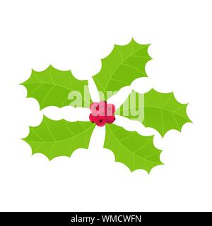 Winter and holiday symbol - holly berries icon sign. Green leaves and red berries cartoon flat style gradient design vector illustration isolated on w Stock Vector