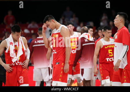 (190905) -- BEIJING, Sept. 5, 2019 (Xinhua) -- Players of China look dejected after the group A match between China and Venezuela at the 2019 FIBA World Cup in Beijing, capital of China, on Sept. 4, 2019. (Xinhua/Meng Yongmin) Stock Photo