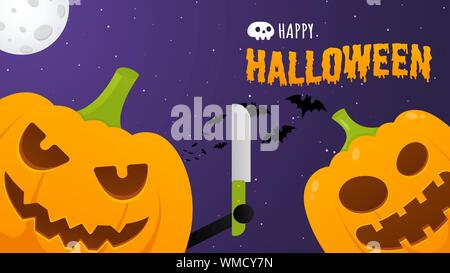Happy halloween poster with two pumpkins with scary faces expression grimace and knife in the hands standing up flat style design vector illustration Stock Vector