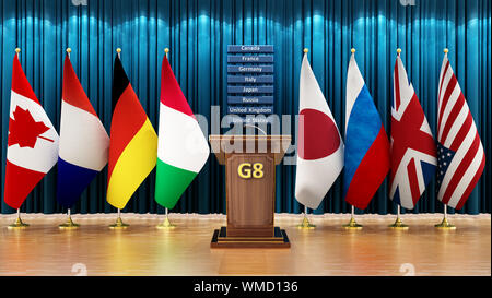 G8 country flags arranged in a conference room. 3D illustration. Stock Photo