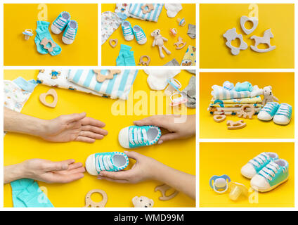Collage baby accessories on a colored background. Selective focus. Kids. Stock Photo