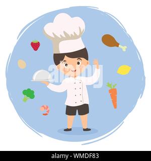 Vector illustration of a boy in chef uniform hat holding food tray surrounded by ingredients isolated on blue background. Stock Vector