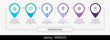 Vector modern infographic flat template pin for six paper label, diagram, graph, presentation. Business concept with 6 options and marks. Blank space Stock Vector