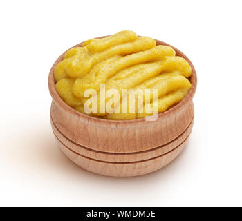 Mashed potatoes in wooden bowl isolated on white background Stock Photo
