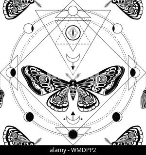 Night moth. Sacred geometry, esoteric symbols. Black and white vector illustration. Seamless pattern Stock Vector