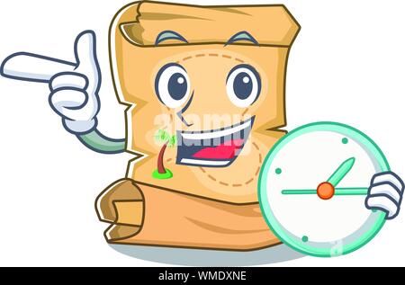 With clock mascot treasure map in character bag Stock Vector