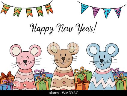 Happy New Year 2020. Year of the Rat. Symbol of the year. Festive flyer, banner. Baby calendar cover, cartoon design Stock Vector