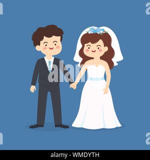 Cute Wedding Couple invitation. Bride and groom holding hands vector illustration cartoon isolated on blue theme background. Stock Vector