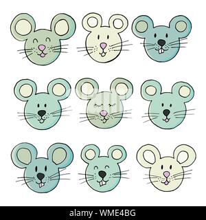 Year of the Rat. Symbol of the year. Set of elements cartoon characters. Faces of the mouse, rat Stock Vector