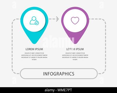Vector modern infographic flat template pin for two paper label, diagram, graph, presentation. Business concept with 2 options and marks. Blank space Stock Vector