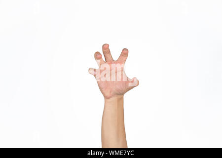 Asian male's hand opens palm and post like a animal claw in studio light isolated white background with clipping path. Stock Photo