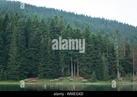 A beautiful view of the forest and many benches for relaxing by the lake called Black Lake in Montenegro. Stock Photo