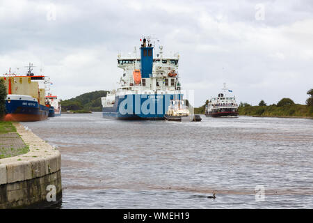 The chemical and oil products tanker Fure West navigating the Manchester ship canal at Ellesmere Port Stock Photo