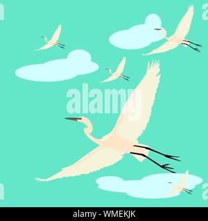 Flock of cranes in flying. Vector flat illustration of bird migration isolated on blue background. Stock Vector