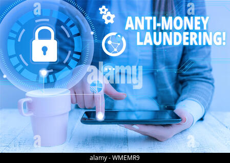 Text sign showing Anti Money Laundering. Business photo showcasing regulations stop generating income through illegal actions woman icons smartphone c Stock Photo