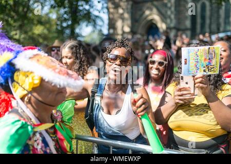 Leeds West Indian Carnival 2019 The Leeds Carnival, also called the Leeds West Indian Carnival or the Chapeltown Carnival, is one of the longest runni Stock Photo