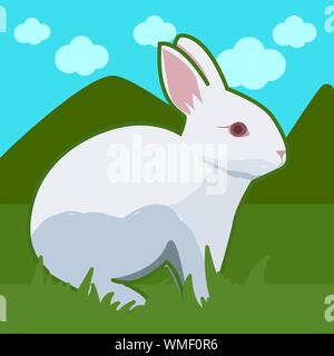 Rabbit sitting on grass vector cartoon animal on background of hills. Vector hare in spring forest, cute bunny outdoors Stock Vector