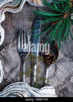 Christmas table place setting. Holidays background Stock Photo