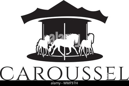 Rotating horses merry-go-round carousel black silhouette vector illustration isolated on white background. Children amusement park element Stock Vector