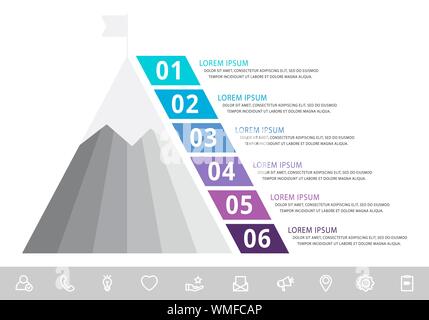 Vector infographic template with pyramid and mountain and six labels. Business geometric concept with 6 options. Used as timeline, workflow, presentat Stock Vector