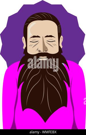 Yoga teacher.Portrait of a young bearded man,  meditative pose.Vector illustration Stock Vector