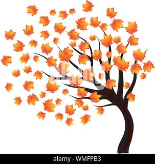Lonley tree with falling leaves on the wind, vector illustration Stock Vector